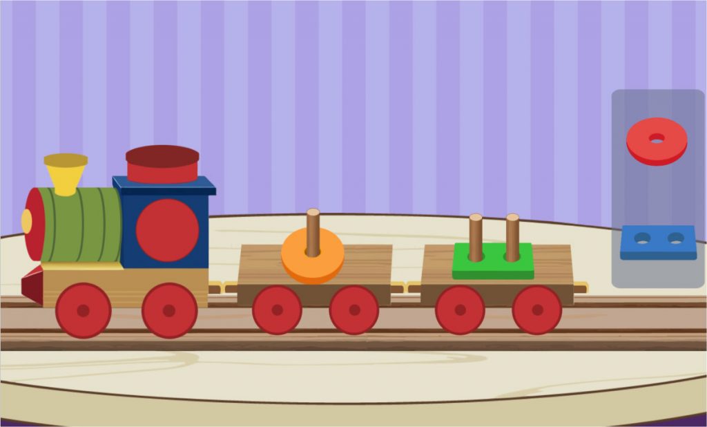 Wooden toy train with colorful shape blocks showing different slots for toddlers to match and count.
