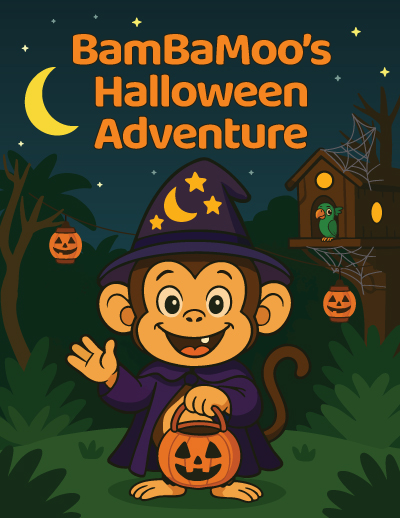 BamBaMoo’s Halloween Adventure storybook cover featuring BamBaMoo the monkey in a wizard hat holding a pumpkin basket